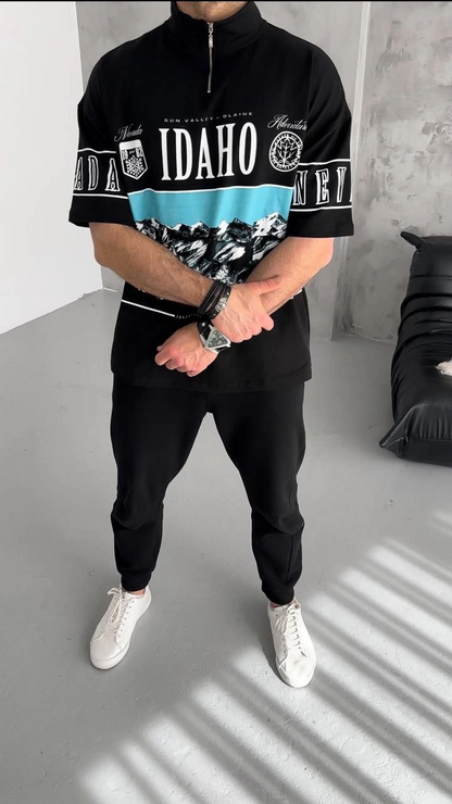 Baskılı Yarım Fermuarlı T-Shirt - Siyah -