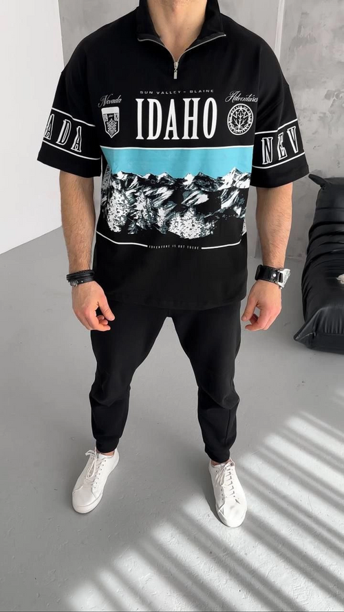 Baskılı Yarım Fermuarlı T-Shirt - Siyah -