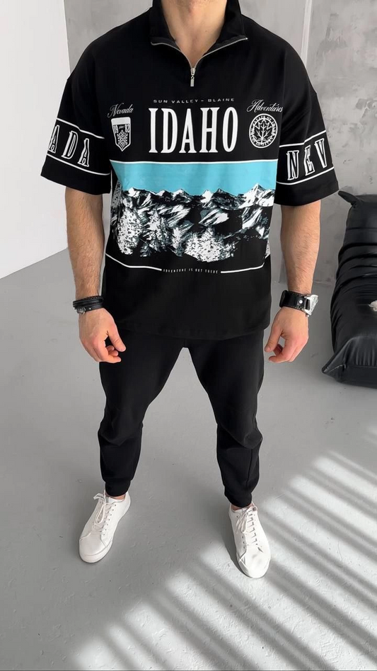 Baskılı Yarım Fermuarlı T-Shirt - Siyah -