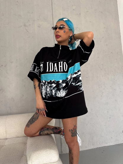 Baskılı Yarım Fermuarlı T-Shirt - Siyah -