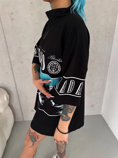Baskılı Yarım Fermuarlı T-Shirt - Siyah -