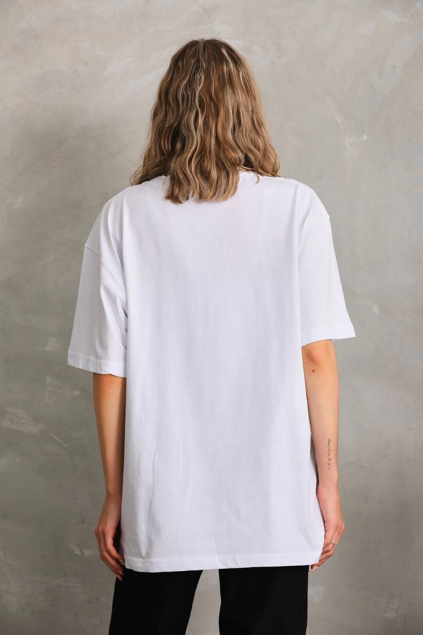Bisiklet Yaka 20/1 Düz Oversize T-Shirt - Beyaz -