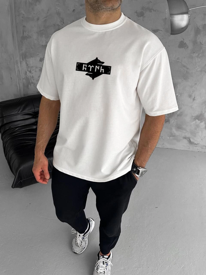 Bisiklet Yaka Baskılı Double Oversize T-Shirt - Beyaz -
