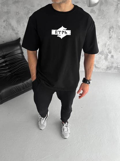 Bisiklet Yaka Baskılı Double Oversize T-Shirt - Siyah -