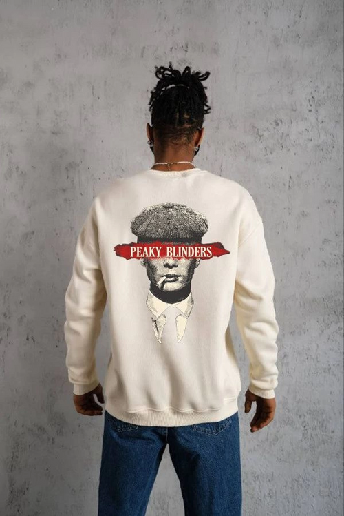 Bisiklet Yaka Baskılı Oversize Sweatshirt - Beyaz -