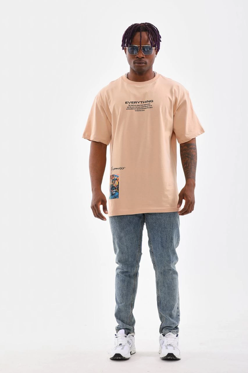 Bisiklet Yaka Baskılı Oversize T-Shirt - Bej -