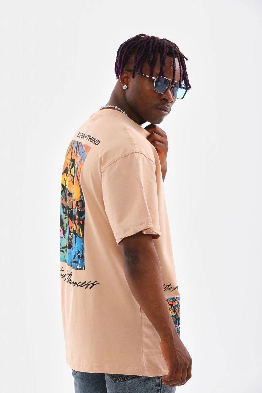 Bisiklet Yaka Baskılı Oversize T-Shirt - Bej -