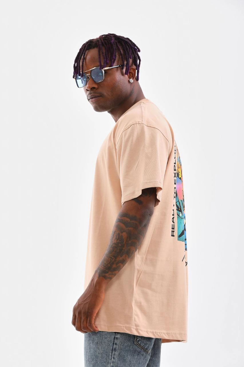 Bisiklet Yaka Baskılı Oversize T-Shirt - Bej -