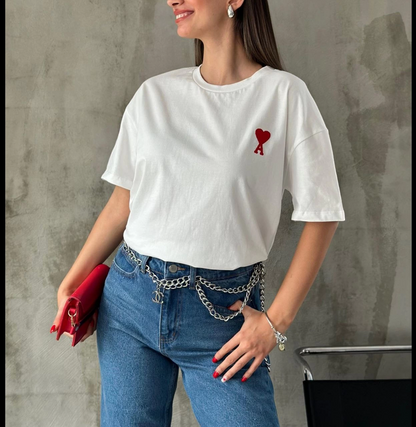 Bisiklet Yaka Baskılı Oversize T-Shirt - Beyaz -