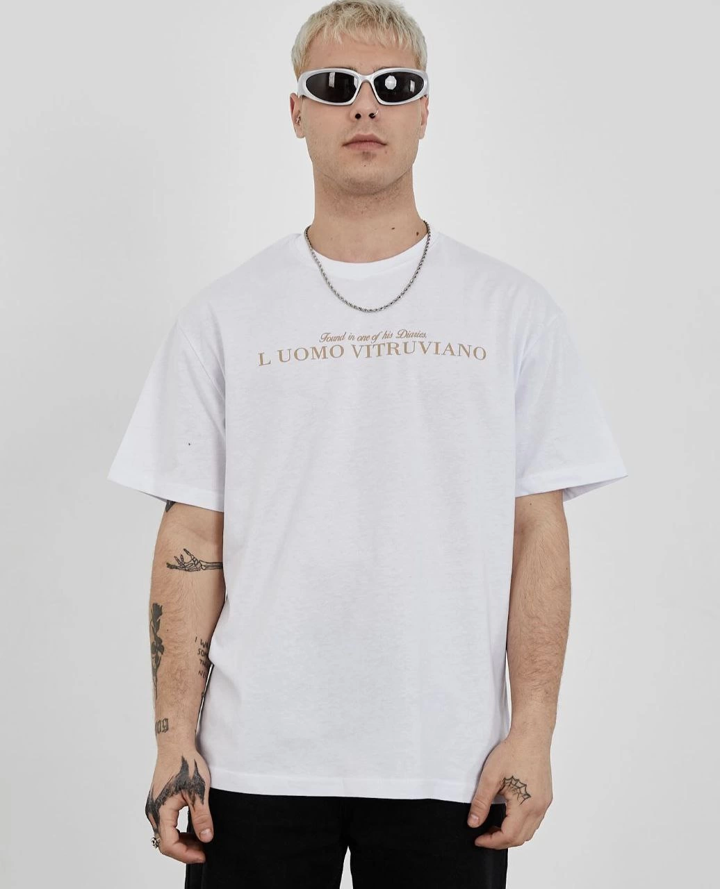 Bisiklet Yaka Baskılı Oversize T-Shirt - Beyaz -