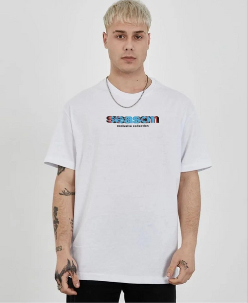 Bisiklet Yaka Baskılı Oversize T-Shirt - Beyaz