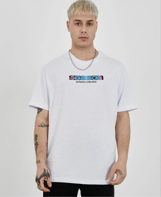 Bisiklet Yaka Baskılı Oversize T-Shirt - Beyaz