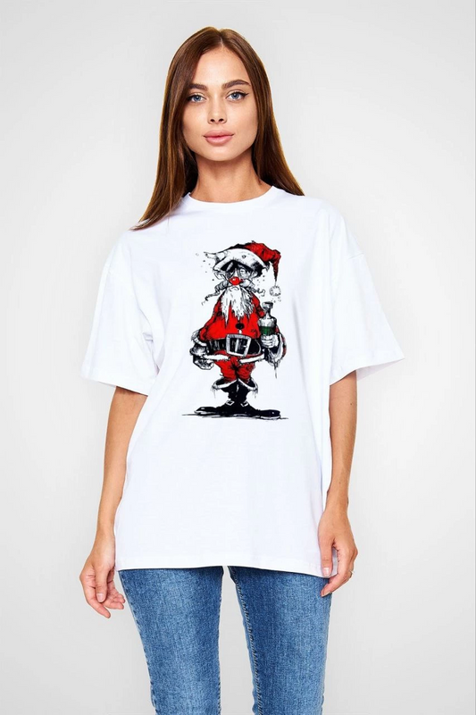 Bisiklet Yaka Baskılı Oversize T-Shirt - Beyaz -