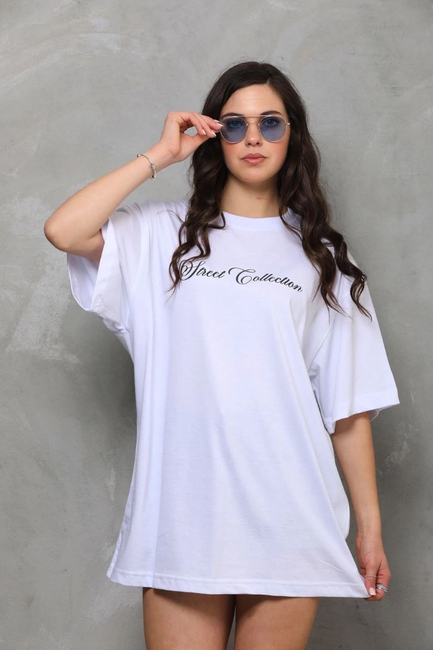 Bisiklet Yaka Baskılı Oversize T-Shirt - Beyaz