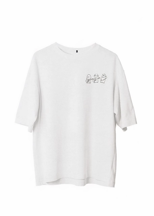 Bisiklet Yaka Baskılı Oversize T-Shirt - Beyaz -