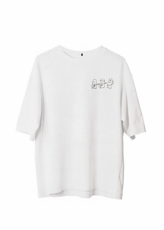 Bisiklet Yaka Baskılı Oversize T-Shirt - Beyaz -