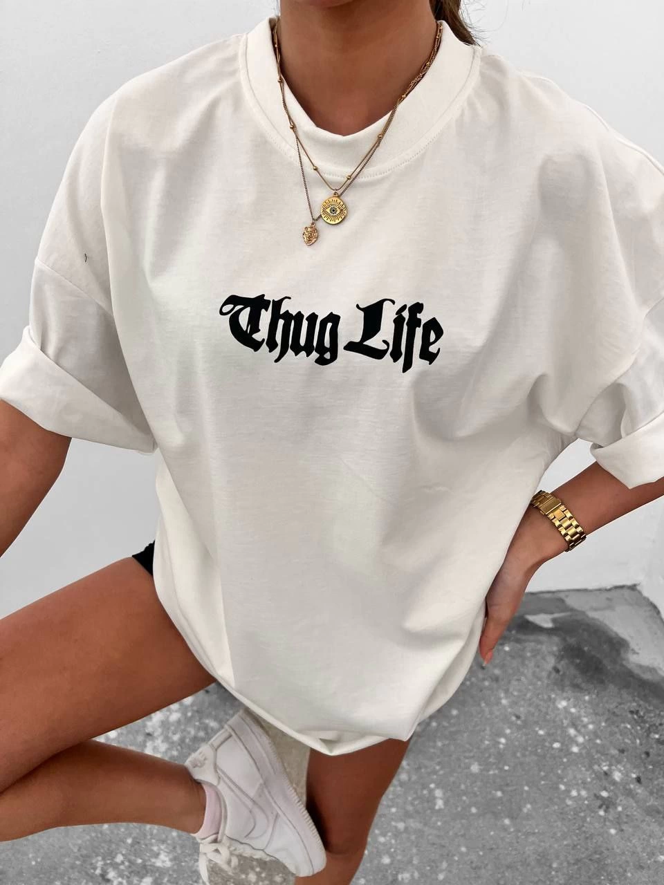 Bisiklet Yaka Baskılı Oversize T-Shirt - Beyaz -