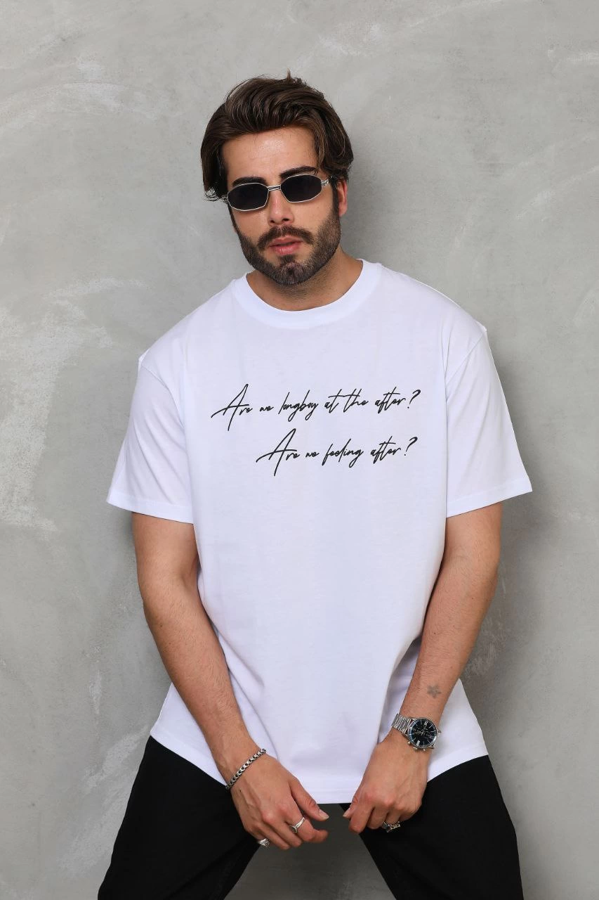 Bisiklet Yaka Baskılı Oversize T-Shirt - Beyaz