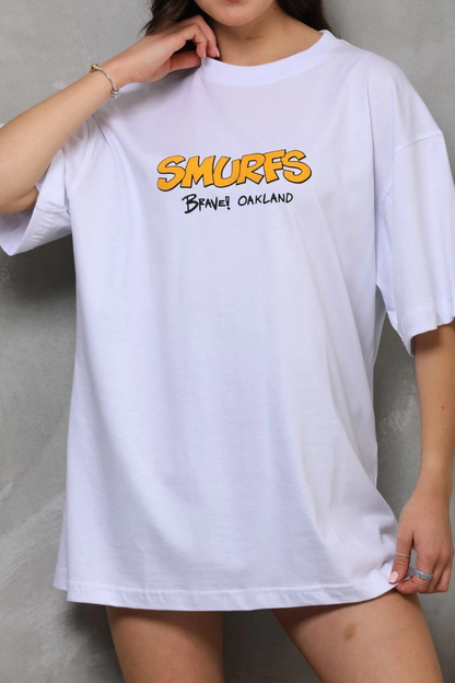 Bisiklet Yaka Baskılı Oversize T-Shirt - Beyaz -