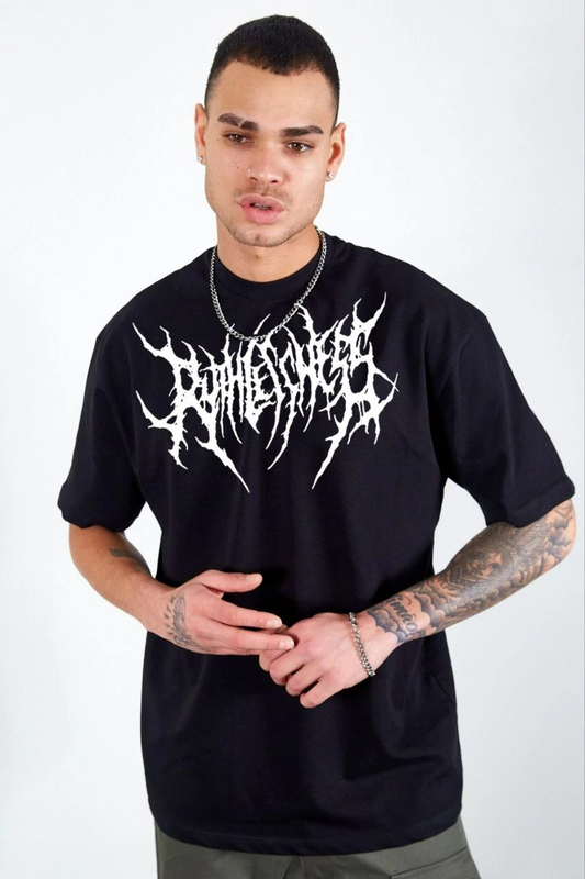 Bisiklet Yaka Baskılı Oversize T-Shirt - Siyah -