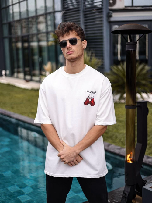 Bisiklet Yaka Baskılı Oversize T-Shirt - Beyaz -