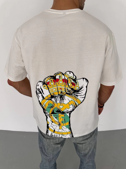 Bisiklet Yaka Baskılı Oversize T-Shirt - Beyaz -
