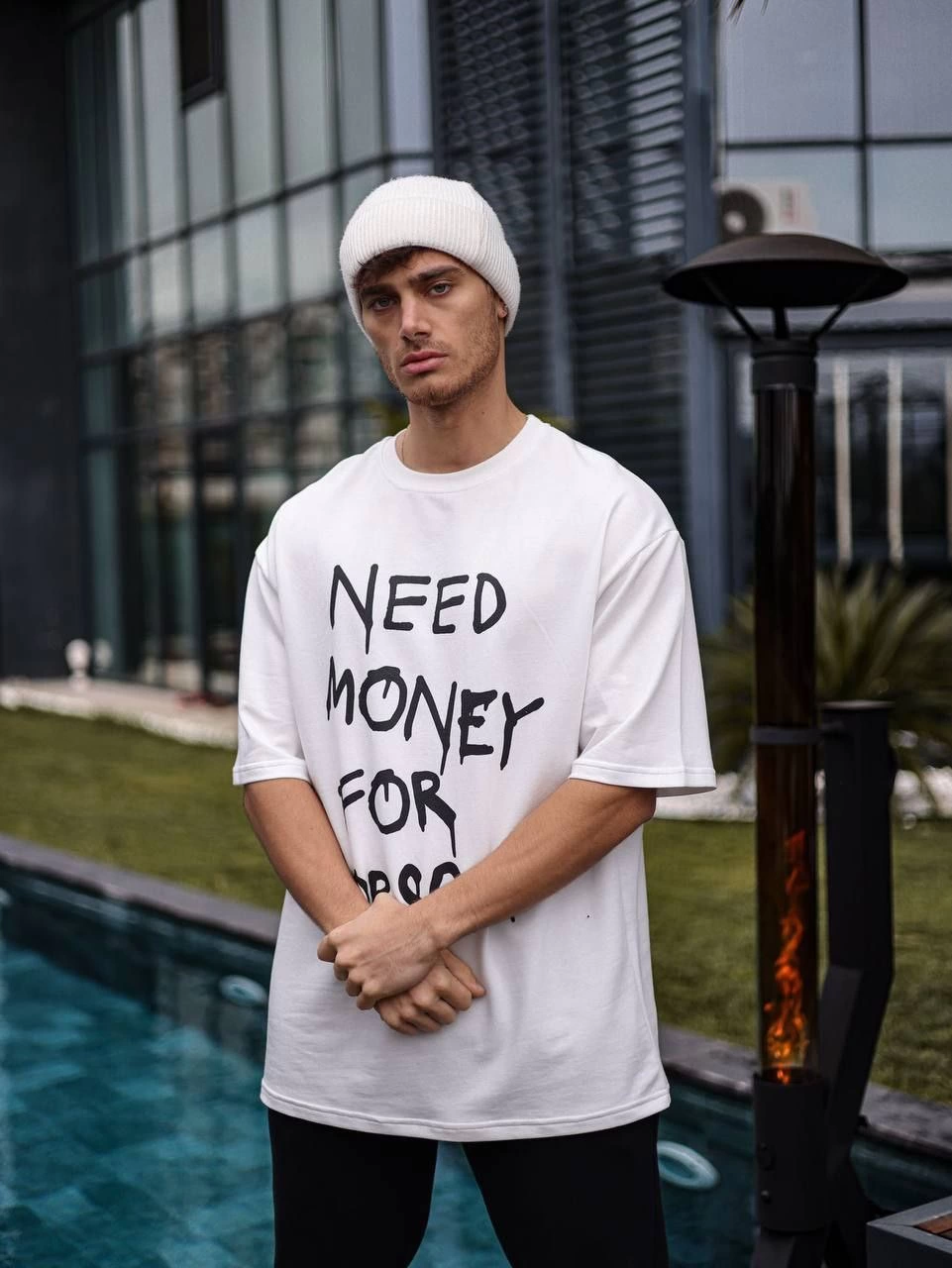 Bisiklet Yaka Baskılı Oversize T-Shirt - Beyaz