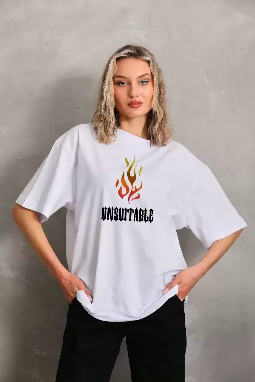 Bisiklet Yaka Baskılı Oversize T-Shirt - Beyaz -