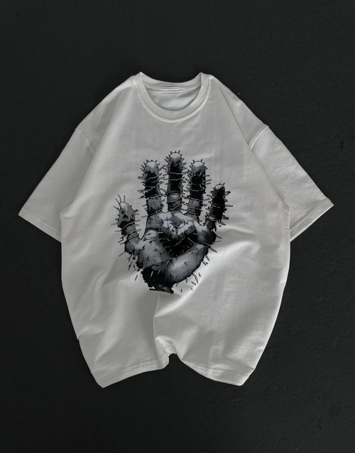 Bisiklet Yaka Baskılı Oversize T-Shirt - Beyaz -
