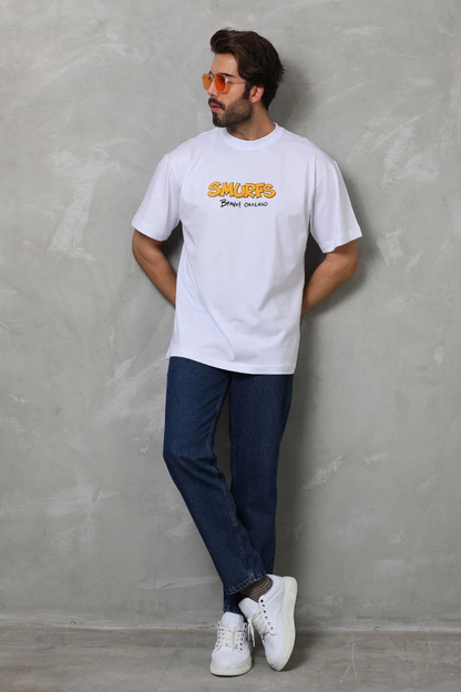 Bisiklet Yaka Baskılı Oversize T-Shirt - Beyaz -