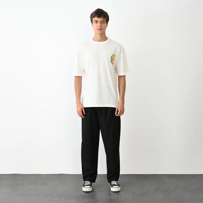 Bisiklet Yaka Baskılı Oversize T-Shirt - Beyaz -