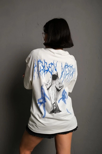 Bisiklet Yaka Baskılı Oversize T-Shirt - Beyaz -