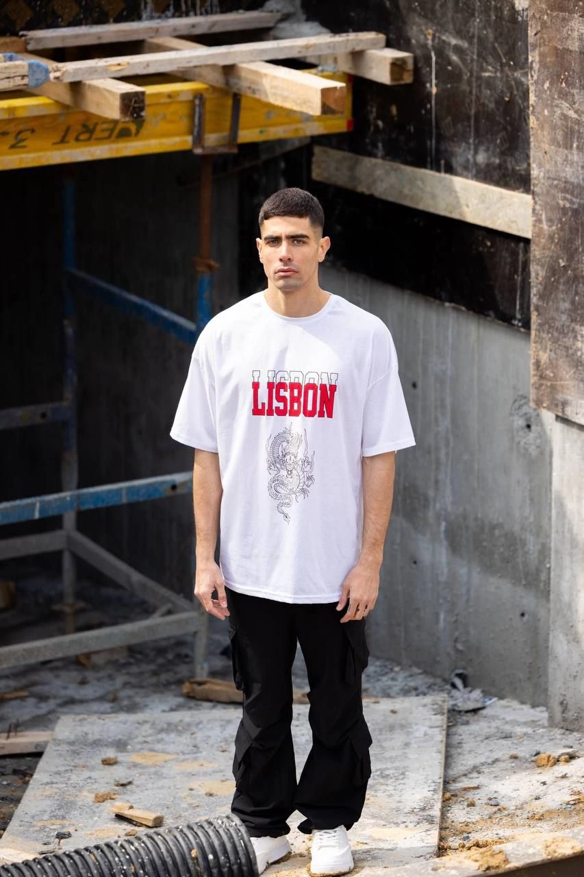 Bisiklet Yaka Baskılı Oversize T-Shirt - Beyaz -