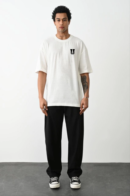 Bisiklet Yaka Baskılı Oversize T-Shirt - Beyaz -