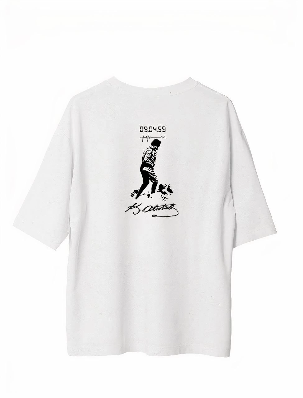 Bisiklet Yaka Baskılı Oversize T-Shirt - Beyaz