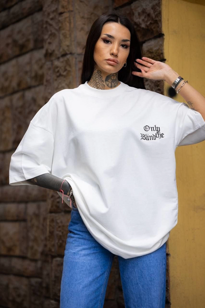 Bisiklet Yaka Baskılı Oversize T-Shirt - Beyaz -