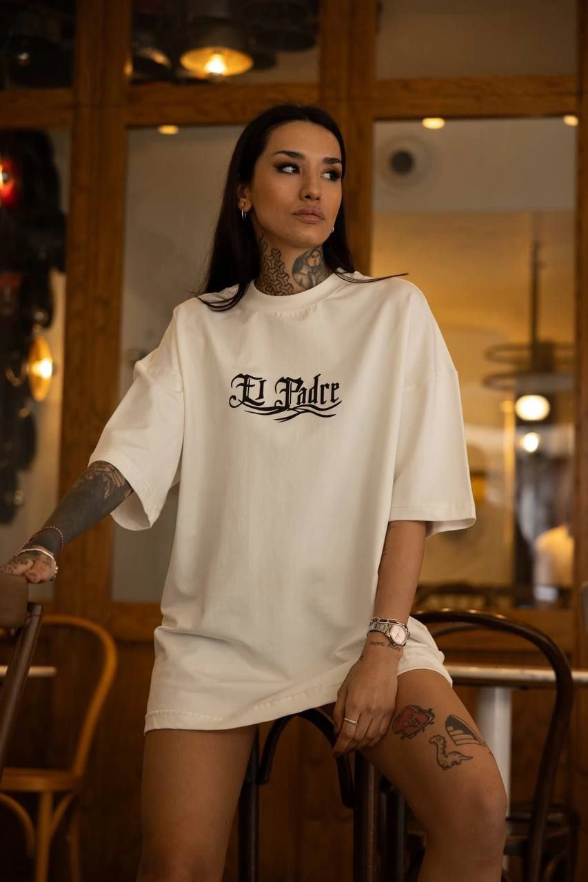 Bisiklet Yaka Baskılı Oversize T-Shirt - Beyaz -