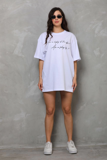 Bisiklet Yaka Baskılı Oversize T-Shirt - Beyaz