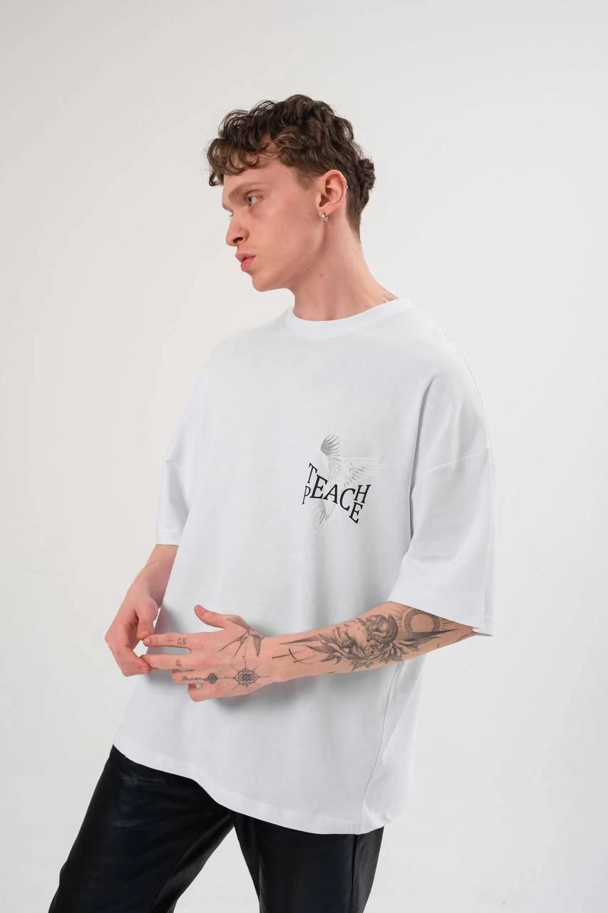 Bisiklet Yaka Baskılı Oversize T-Shirt - Beyaz -