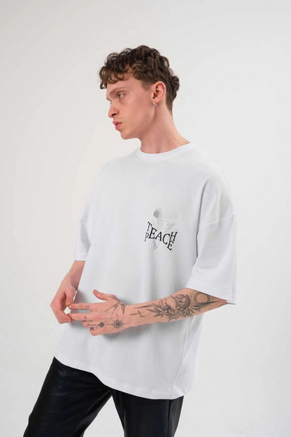 Bisiklet Yaka Baskılı Oversize T-Shirt - Beyaz -