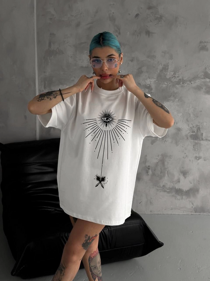 Bisiklet Yaka Baskılı Oversize T-Shirt - Beyaz