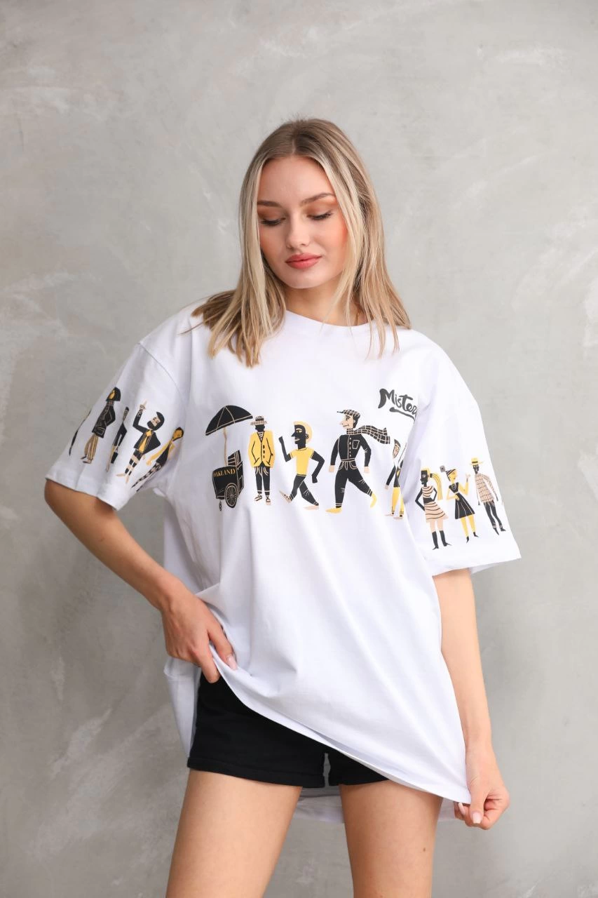 Bisiklet Yaka Baskılı Oversize T-Shirt - Beyaz -