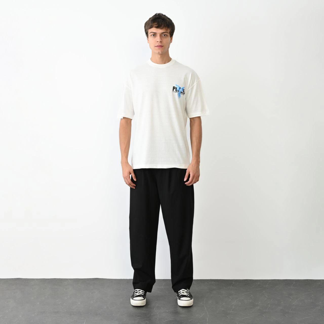 Bisiklet Yaka Baskılı Oversize T-Shirt - Beyaz -
