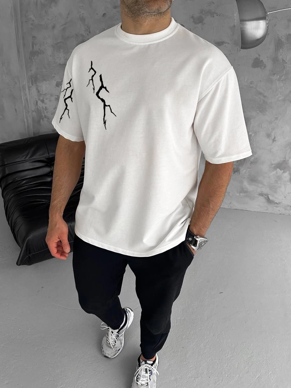 Bisiklet Yaka Baskılı Oversize T-Shirt - Beyaz -