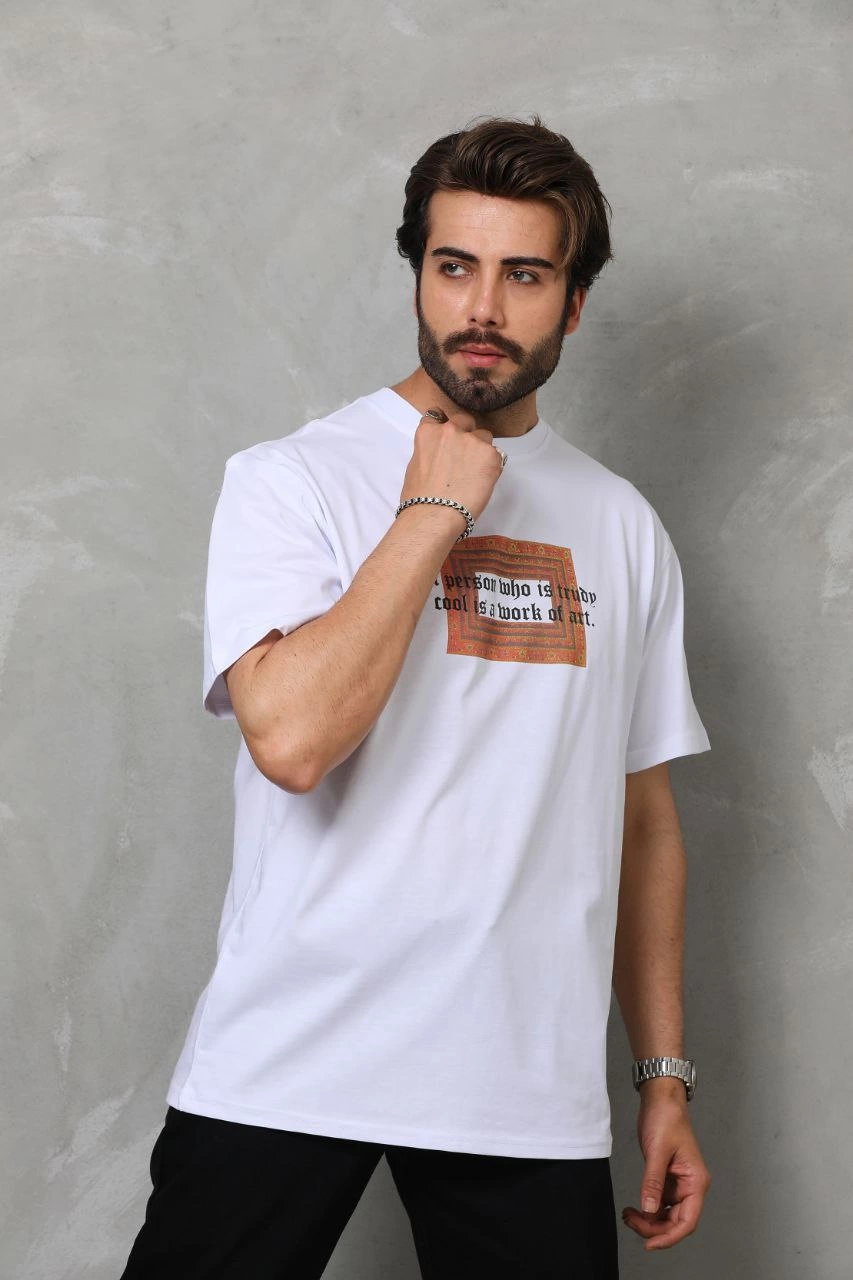 Bisiklet Yaka Baskılı Oversize T-Shirt - Beyaz -