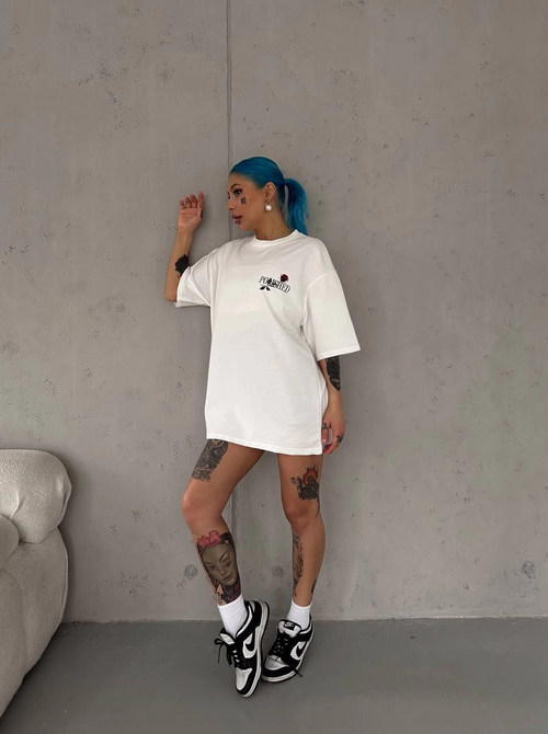 Bisiklet Yaka Baskılı Oversize T-Shirt - Beyaz -