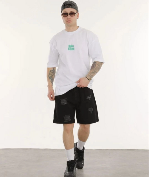 Bisiklet Yaka Baskılı Oversize T-Shirt - Beyaz