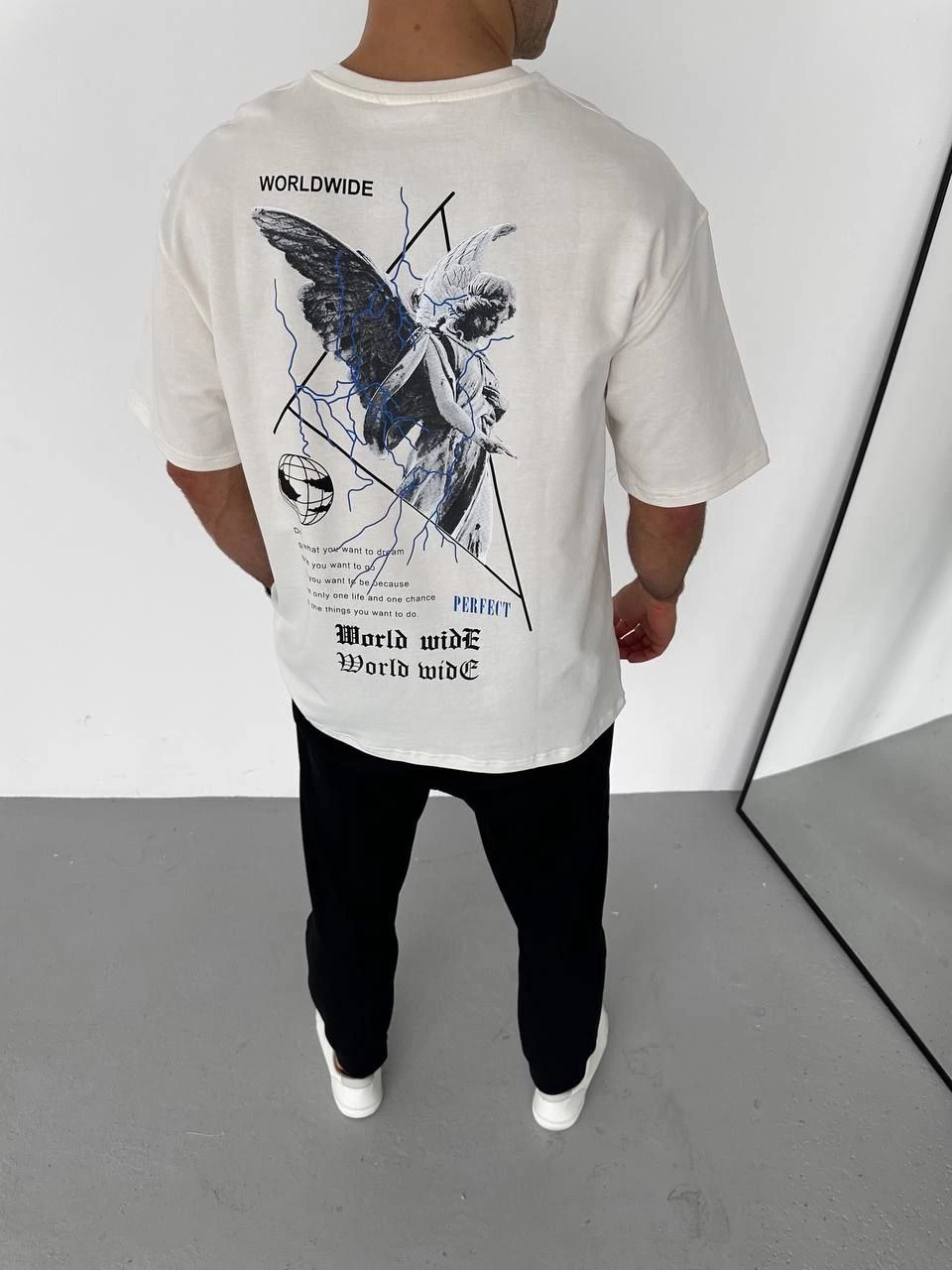 Bisiklet Yaka Baskılı Oversize T-Shirt - Beyaz -