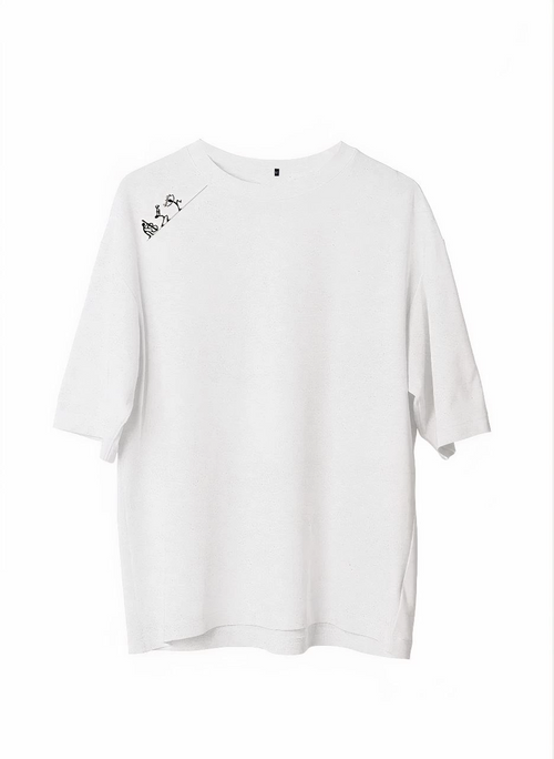 Bisiklet Yaka Baskılı Oversize T-Shirt - Beyaz -