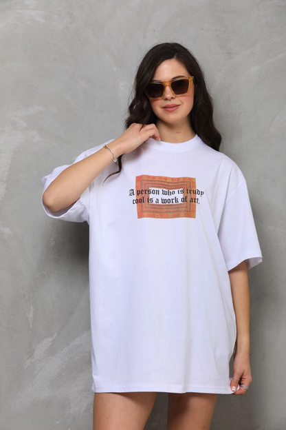 Bisiklet Yaka Baskılı Oversize T-Shirt - Beyaz -